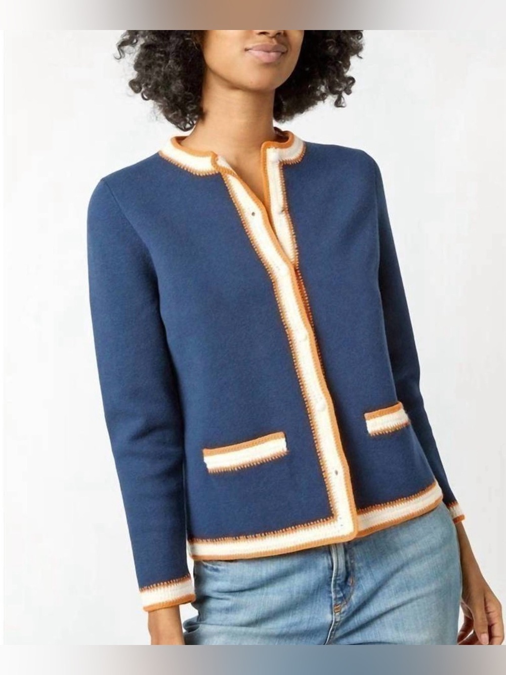 ANN MASHBURN Navy Cardigan with Cream and Orange-Trim Accents